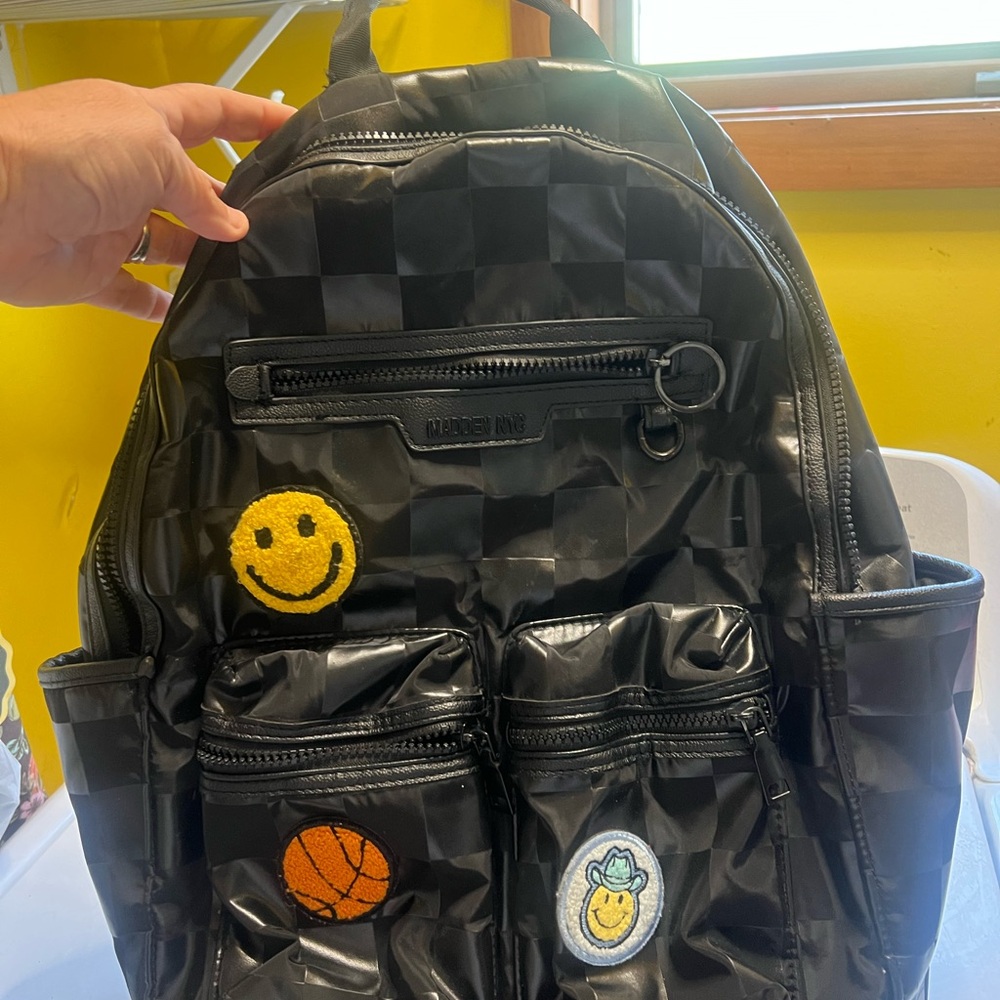 Black Checkerboard Backpack with Patch Details   New with out tags